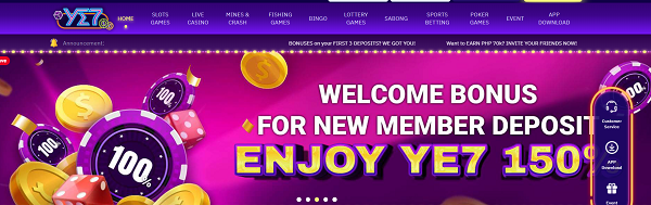 Online casino and slots register to ye7 and get welcome bonus for new member deposit enjoy ye7 150 php